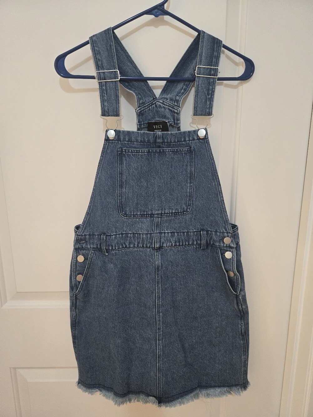 Vici Blue Denim Overall Skirt with Frayed Hem
